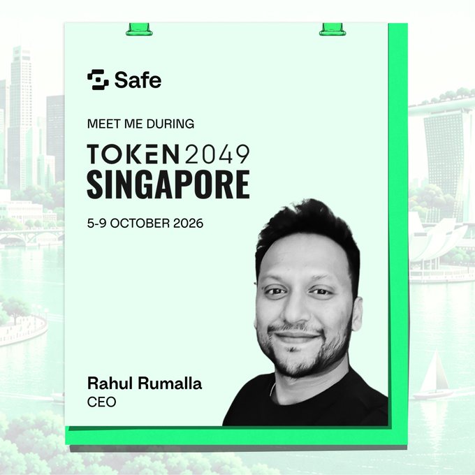 A promotional graphic for Safe features CEO Rahul Rumalla, announcing a meet-up during Token2049 Singapore from 5-9 October 2026.