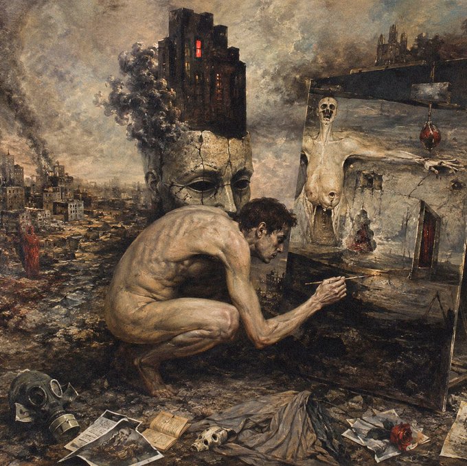 A dark, surrealist painting depicting a gaunt, nude figure painting on a canvas while surrounded by post-apocalyptic ruins, a giant skull-faced tower, and grotesque imagery.