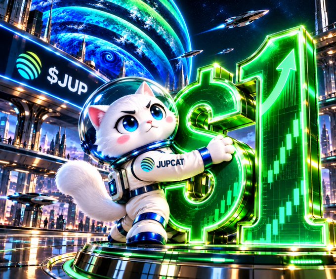 An anime-style white cat mascot in a spacesuit branded 'JUPCAT' stands next to a large glowing green '$1' sign with an upward arrow, with '$JUP' visible on a futuristic space-themed billboard.