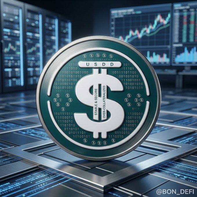 A digital illustration of a USDD stablecoin token with the text 'STABLE & SECURE OVER-COLLATERALIZED', set against a background of cryptocurrency trading screens, watermarked @BON_DEFI.