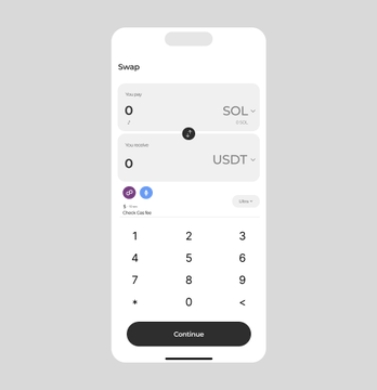 A mobile app interface for a crypto 'Swap' function, allowing the exchange of SOL to USDT using the DEX 'Uniswap', with a numeric keypad for entering amounts.