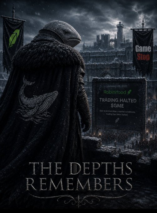 A cloaked figure in Game of Thrones style stands before a castle with a Robinhood trading halted notice for $GME dated January 28, 2021, captioned "The Depths Remembers" with banners for Robinhood and GameStop. The image references the GameStop/Robinhood saga, using the medieval aesthetic to suggest that those who sold ("jeeted") their GME shares will be remembered by those who held.