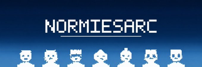 A pixel-art style graphic displays the text 'NORMIESARC' in white block letters above a row of seven stylized white character avatars against a blue gradient background.