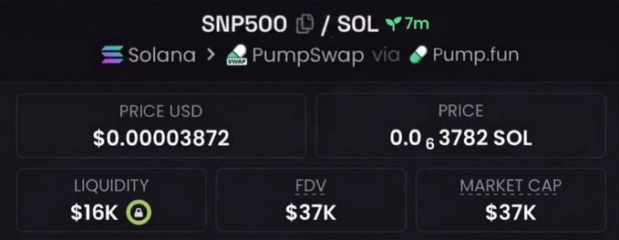 A crypto token called SNP500/SOL shown on PumpSwap via Pump.fun, with a price of $0.00003872 USD, $16K liquidity, and $37K market cap.