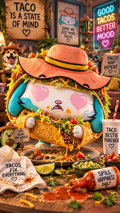 A whimsical taco-themed scene featuring a cute taco character in a cowboy hat surrounded by tacos, drinks, and signs reading “TACO IS A STATE OF MIND,” “GOOD TACOS BETTER MOOD,” and other taco-themed phrases.