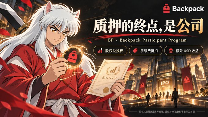An anime-style character with white hair and dog ears holds a glowing "Backpack" coin and a document labeled "EQUITY" against a city backdrop featuring an "IPO" building, promoting the "BP · Backpack Participant Program" with Chinese text reading "质押的终点,是公司" (The end of staking is the company). The image visually represents the post's message about Backpack's staking program offering equity participation rather than typical mining rewards, highlighting benefits like equity exchange rights, fee discounts, and additional USD earnings.