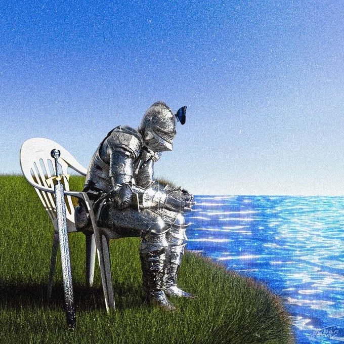A knight in full silver armor sits slumped in a white plastic chair on a grassy cliff, head bowed in thought with a sword resting beside him, overlooking a blue ocean under a clear sky.