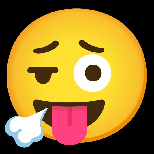 A digital emoji of a yellow face with a winking eye, a wide smile, and its tongue sticking out, with a puff of air visible on the side, set against a black background.