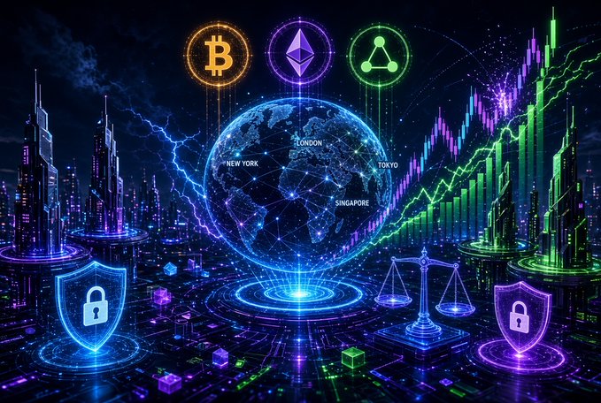 A neon-colored digital illustration featuring cryptocurrency logos (Bitcoin, Ethereum, Cardano) above a glowing globe, flanked by city skylines, shield icons, and candlestick charts.