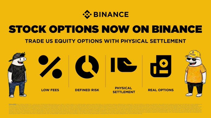 A Binance promotional banner announcing "Stock Options Now on Binance" with US equity trading featuring physical settlement, highlighting low fees, defined risk, and real options, flanked by cartoon characters on a yellow background. The image appears unrelated to the accompanying post about "$flork" going live on Alpha with a wallet address.