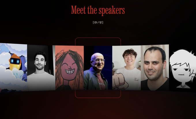 A slide titled 'Meet the speakers' showing a carousel of 12 speaker profiles at position [01/12], featuring a mix of illustrated avatars and photographs.