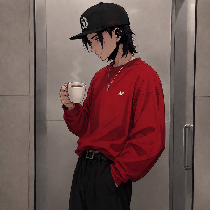 An anime-style illustration of a young man wearing a black cap with a circular logo, a red long-sleeve shirt with 'AE' on the chest, and black pants, holding a steaming cup of coffee.