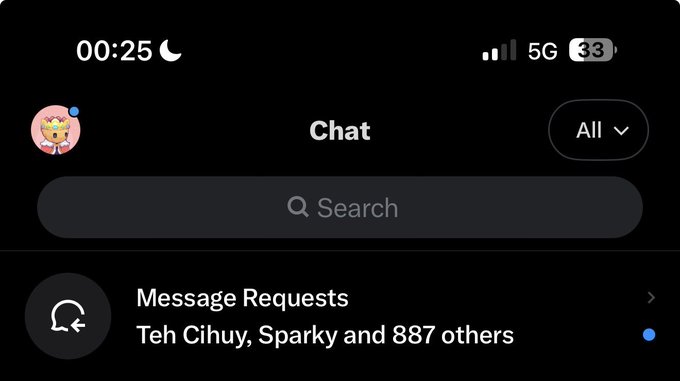 A mobile screenshot of a chat app showing the time 00:25, a 33% battery, and 5G signal, with a "Message Requests" notification indicating unread messages from "Teh Cihuy, Sparky and 887 others," visually highlighting the overwhelming volume of partnership, whitelist, and upgrade requests directed at @hollows_nft.