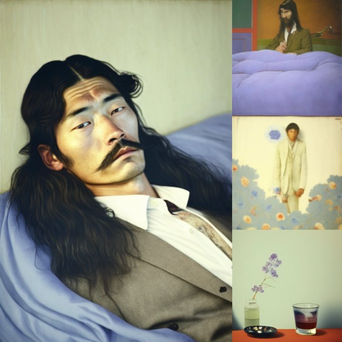 A collage of painted images featuring a man with long dark hair and a mustache in various surreal scenes, including lying in bed with purple covers, standing among clouds with flowers, and a still life with a vase and glass.