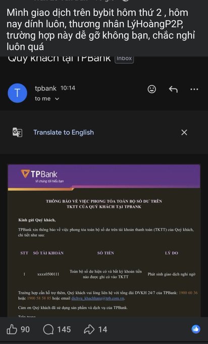 A screenshot of a TPBank email notification in Vietnamese, with user text warning about a potential scam, showing account details and a lockout reason for an account ending in 050011.