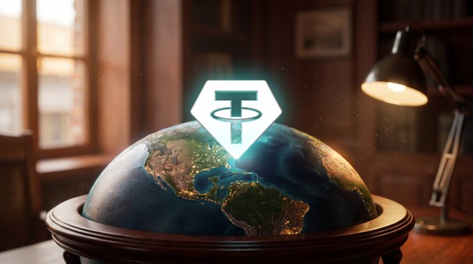 A glowing Tether (USDT) logo hovers above a detailed globe on a wooden stand in a study room setting.