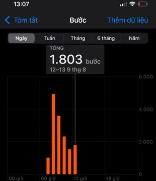 A fitness app screenshot in Vietnamese displaying a daily steps chart with a total of 1,803 steps recorded on August 12-13.