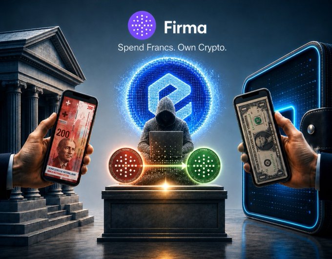 The image features the "Firma" logo with the tagline "Spend Francs. Own Crypto." and shows hands holding smartphones displaying Swiss Franc banknotes and US currency, flanking a hooded figure at a laptop with a glowing digital scale balancing coins — visually representing Firma's instant, global crypto payment and exchange platform.