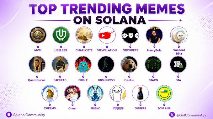 An infographic titled 'TOP TRENDING MEMES ON SOLANA' displaying circular icons for tokens including MVM, USELESS, CHARLOTTE, VIEWFLATION, and others.