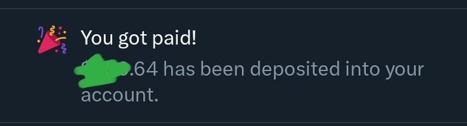 A notification screenshot reading "You got paid! $[amount].64 has been deposited into your account," with a party popper emoji and a green blob redaction, used to support a post claiming Elon sent money and announcing a random giveaway for two breakfast winners.