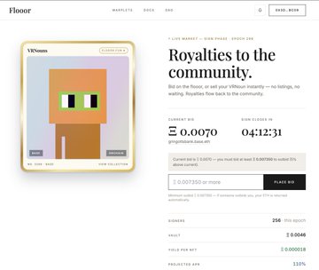 A Floor NFT marketplace listing for 'Royalties to the community' priced at 0.0070 ETH, with a 7-day volume of 0.0046 ETH.