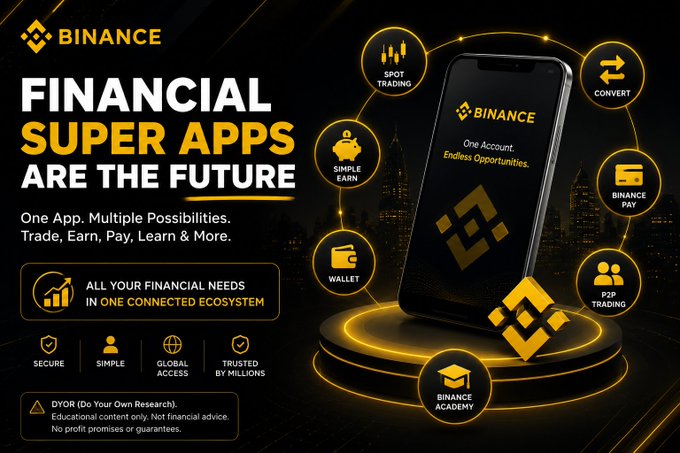 A Binance promotional advertisement stating 'FINANCIAL SUPER APPS ARE THE FUTURE' with a phone displaying the Binance app and icons for Spot Trading, Convert, Simple Earn, Binance Pay, P2P Trading, Binance Academy, and Wallet.