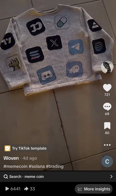 A TikTok video showing a woven white sweater with social media and crypto app patches, captioned 'Woven · 4d ago' with hashtags '#memeoin #solana #trading'.