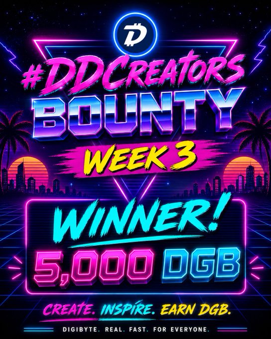 The image has a neon poster with a cityscape background and a title saying "Week 3 Winner!". The main focus of the advertisement appears to be promoting a contest or event involving the creation of digital art.