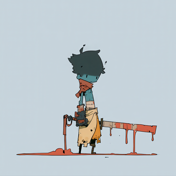 Illustration of a sad, zombie-like cartoon character with dark hair and a scarf, holding a large dripping paint roller or weapon over a light blue background.