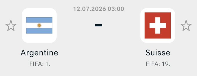 A sports matchup graphic showing Argentina (FIFA: 1) vs Switzerland (FIFA: 19) scheduled for 12.07.2026 at 03:00.