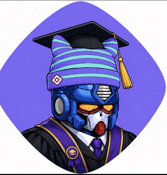 A digital avatar of a robotic character wearing a graduation cap and gown with a purple and yellow academic hood.