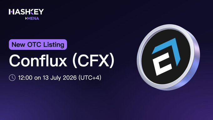 Cryptocurrency announcement from HASHKEY MENA stating 'New OTC Listing - Conflux (CFX)' at '12:00 on 13 July 2026 (UTC+4)' alongside a metallic coin graphic.