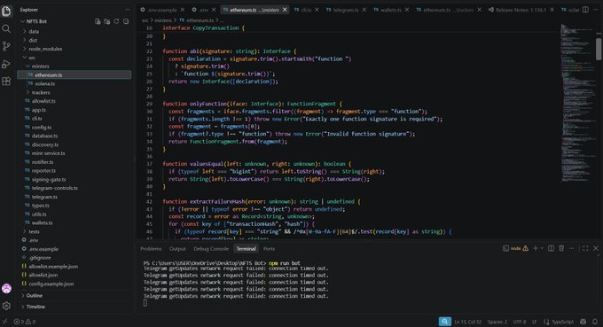 A VS Code editor shows a TypeScript file named "ethereum.ts" containing functions for ABI decoding, fragment matching, and error extraction, with a terminal below displaying repeated "Telegram getUpdates network request failed: connection timed out" errors. The image illustrates the developer working on the bot they mentioned, though Telegram connection issues are visible in the logs.
