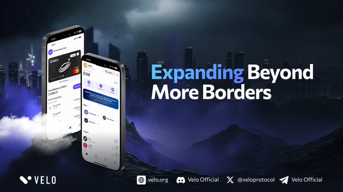 Promotional banner for Velo’s Orbit Plus featuring two smartphone mockups against a nighttime cityscape, with the headline “Expanding Beyond More Borders” and Velo branding and social links below. The message highlights Orbit Plus’s expansion to 15 new countries, including Canada, New Zealand, and 13 European markets.
