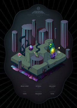 The image showcases an isometric digital landscape from Yuga Labs' Otherside metaverse platform, featuring a voxel-style environment with a central tree, glowing portal, and abandoned cityscape backdrop, labeled with attributes like "Relic Card," "Artifact," and "Abduction" representing the unique traits of an Otherdeed NFT.

This visual directly represents the post's mention of a "T3 Shadows Environment with Relic Card," as the artwork depicts the specific land parcel type and trait that the user highlighted from their Otherdeed collection find.