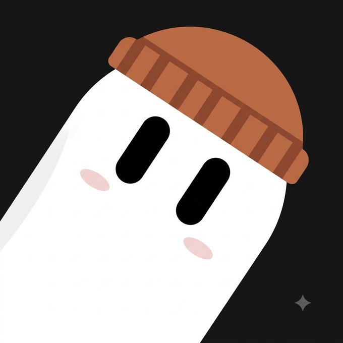 A minimalist illustration of a cute white ghost-like character with simple black oval eyes and pink blush cheeks, wearing a brown ribbed knit beanie hat against a dark grey background with a small sparkle/star accent.