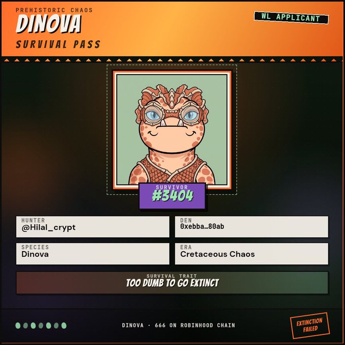 A 'DINOVA SURVIVAL PASS' for a 'WL APPLICANT' with an orange theme, featuring a cartoon dinosaur-like character, identifying hunter @Hilal_crypt, species 'Dinova', era 'Cretaceous Chaos', and survival trait 'TOO DUMB TO GO EXTINCT', with a stamp reading 'EXTINCTION FAILED'.