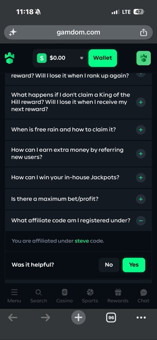 A screenshot from gamdom.com showing an FAQ section with questions about rewards and Jackpots, including the answer "You are affiliated under steve code."