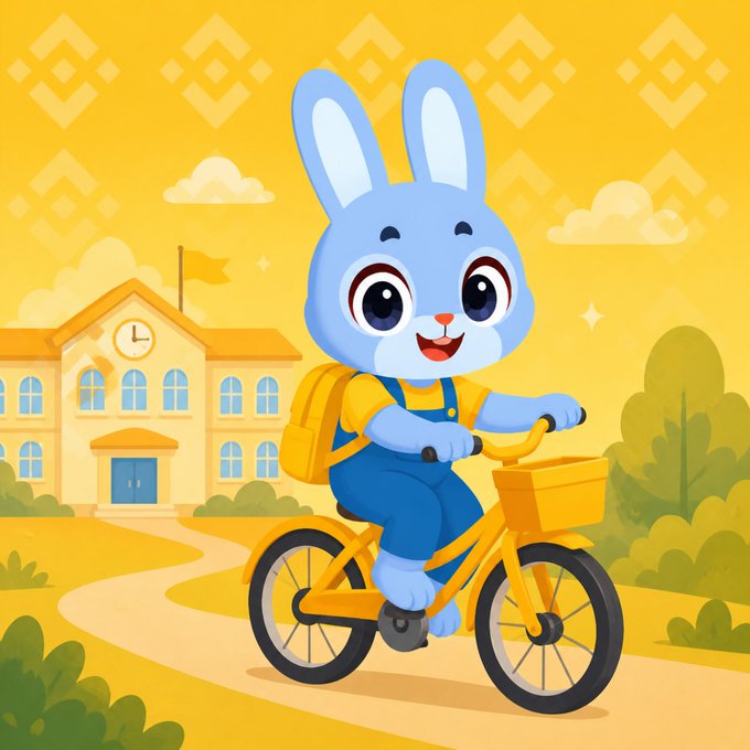 A cartoon illustration of a cheerful blue bunny wearing blue overalls and a yellow shirt with a backpack, riding a yellow bicycle in front of a school building with a Binance logo pattern.