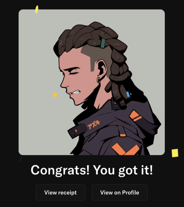 Digital artwork of a character with braided hair in profile wearing a dark jacket with orange accents, displayed as a collectible with "Congrats! You got it!" text and buttons for "View receipt" and "View on Profile."