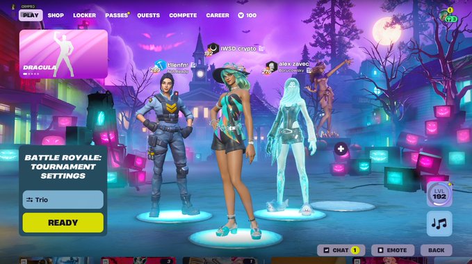 A Fortnite video game lobby screen showing three characters standing in a spooky Halloween-themed lobby, with a 'Battle Royale: Tournament Settings' panel indicating 'Trio' mode is ready.