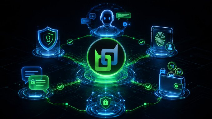 A digital security graphic featuring a central logo surrounded by glowing icons representing cybersecurity elements like encryption, biometric authentication, and secure messaging.