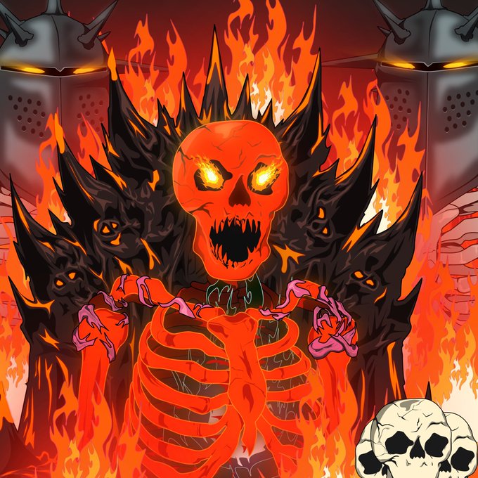 A fiery skeletal figure with glowing eyes and demonic shadowed guardians emerges from flames, embodying the menacing "Bonez" character referenced as custom art being created for top NFT holders. The intense, hellish artwork visually represents the "Bonez=Art" concept being shared as a reward for active community participants.