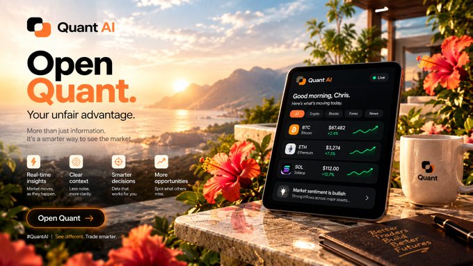 A promotional banner for "Quant AI" with the tagline "Open Quant. Your unfair advantage," showing a tablet displaying crypto prices (BTC, ETH, SOL) with a tropical sunset background.