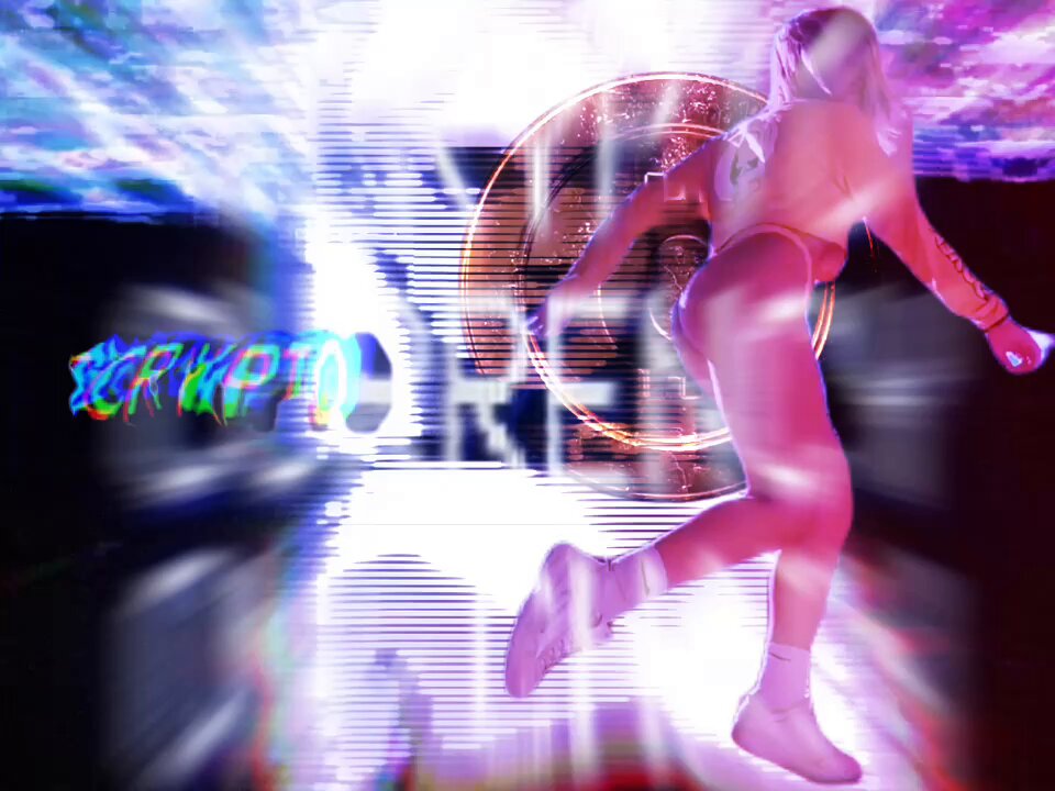 In the image, there's a woman wearing a bikini top and pants while dancing on a pink and blue track with neon lights surrounding her. The scene includes text that reads "$CRYPTO IS UP 15% TODAY", which suggests an update or promotion related to cryptocurrency. This connection adds context to the image, as it seems to be promoting a cryptocurrency or featuring someone involved in its development or use within the digital space.