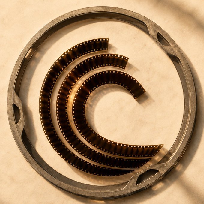 A close-up photograph of film strips coiled into a spiral 'C' shape inside a metal reel casing, with warm lighting casting soft shadows.