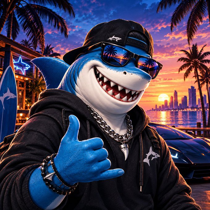 An AI-generated cartoon image of a blue anthropomorphic shark wearing a black cap, sunglasses, a hoodie, and chain necklace giving a 'hang loose' hand gesture, set against a tropical sunset cityscape.
