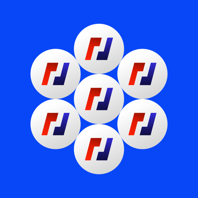 The image features a blue background with white circles arranged in a circular pattern, each containing a red and blue logo. The logos are identical in size and shape, creating a sense of uniformity throughout the arrangement. The text "it' s all linked!" is written below the circle formation, which appears to be related to the post about happy 7 years @chainlink.