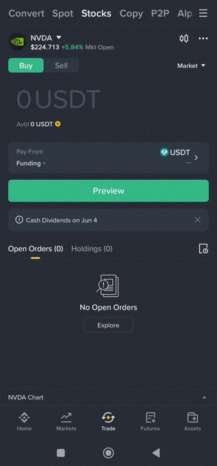 The image shows a phone screen displaying a trading app, specifically for US stocks. The app has a green button that reads "Buy", indicating that users can buy US stocks from the app. The screen also displays information about the stock market, such as the current price and the time of day it was accessed.