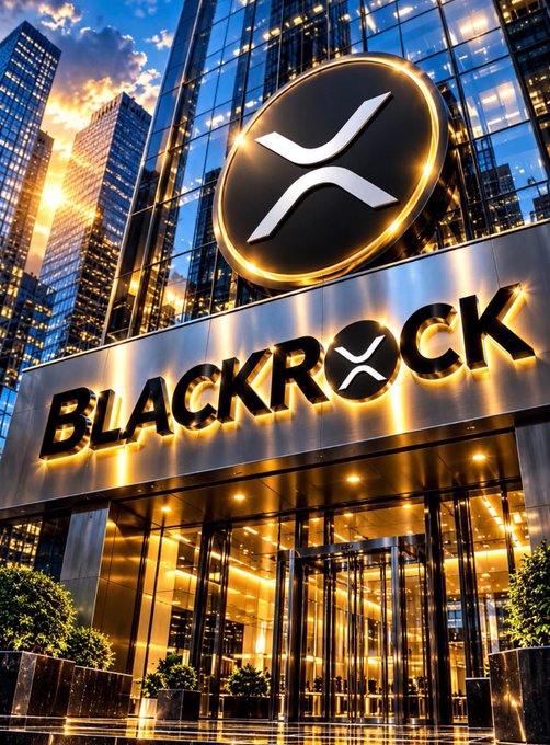 A modern building entrance displays a glowing "BlackRock" sign with the company's "X" logo illuminated above, while the accompanying post highlights resurfaced claims about early ties between BlackRock and the XRP ecosystem, sparking fresh interest within the XRP community.